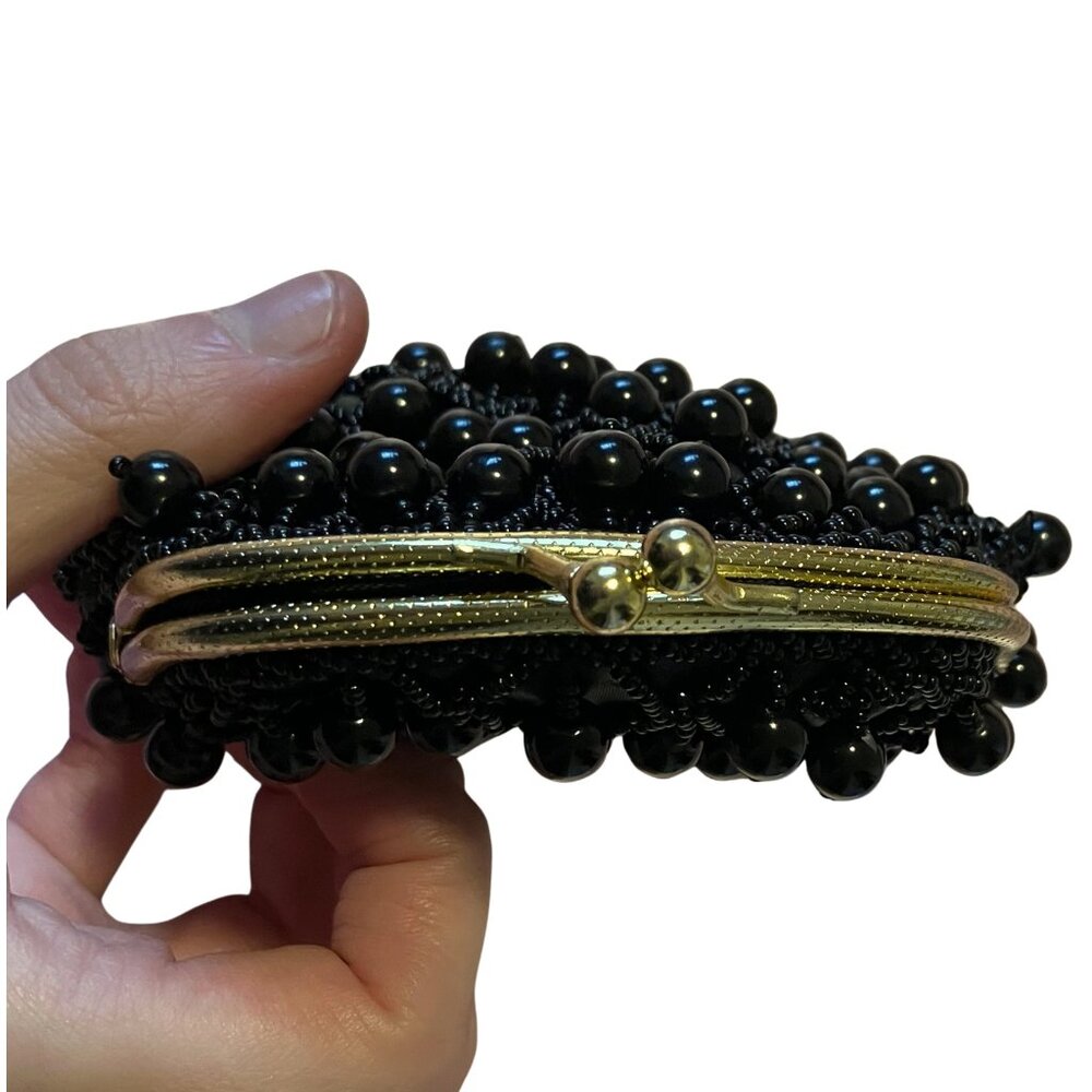 Vintage 60s Black Beaded Coin Purse Handmade Hong Kong Evening Bag Retro Mod MCM - Picture 3 of 7